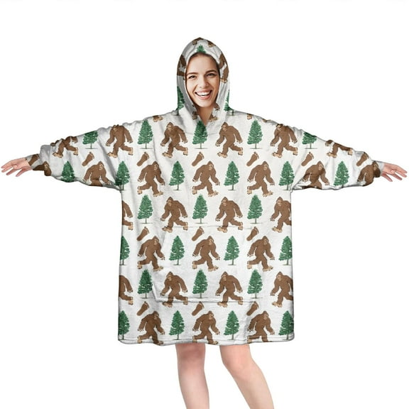 Wearable Oversized Blanket,White Bigfoot and Tree Pattern Wearable Blanket Hoodie for Adults,Cozy Hooded Blankets with Super Pockets,Super Warm Fuzzy Pullover for Women & Men