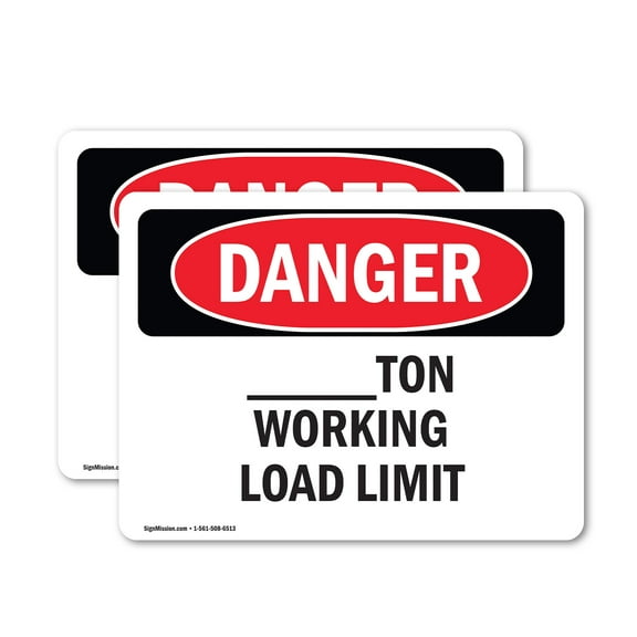 (2 Pack) Custom -Ton Working Load Limit OSHA Danger Sign 7 Inch X 5 Inch Vinyl Label Decal Sticker Weather Resistant, UV Protected for Workplace, Business, and Construction Site, Made