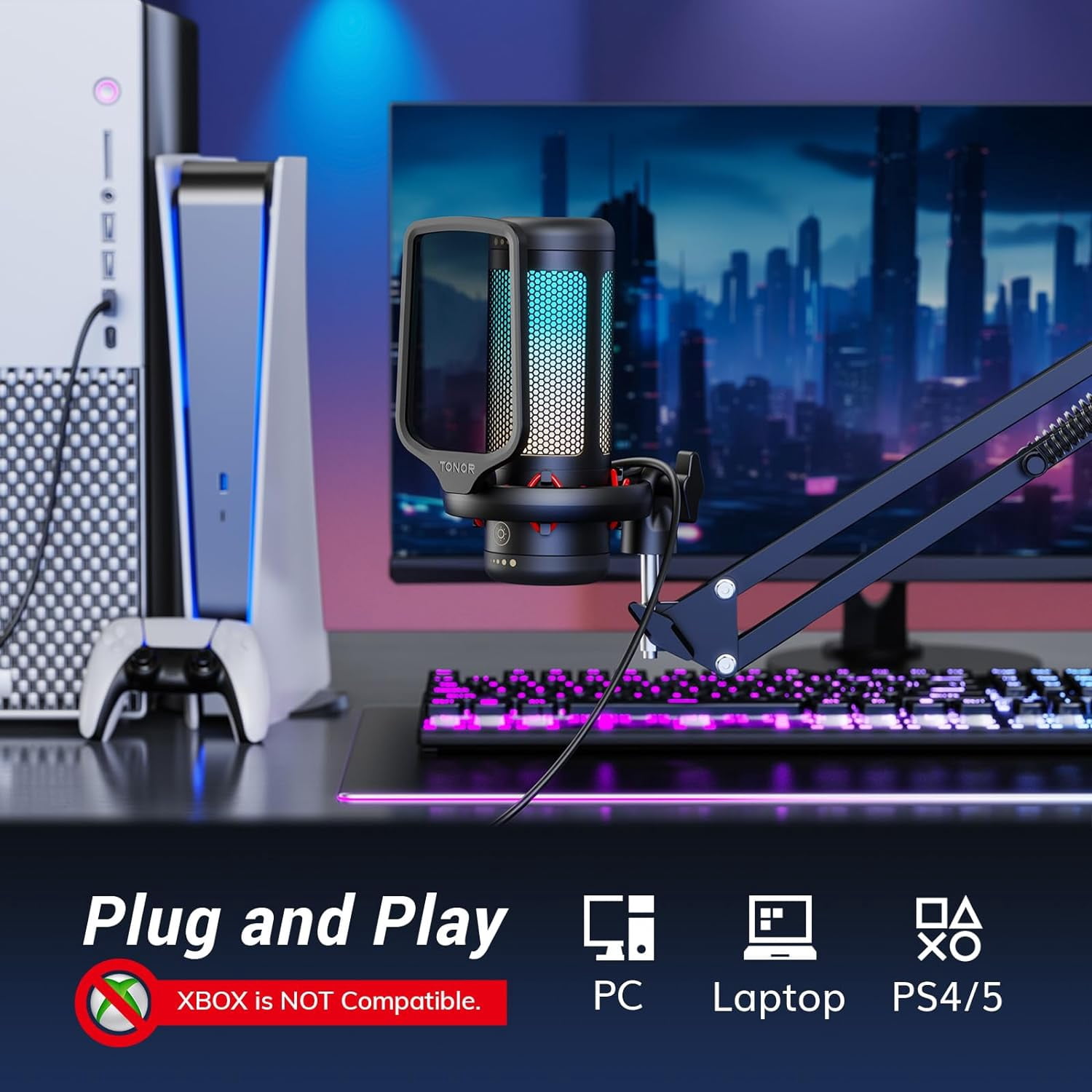 TONOR TC310+ Gaming Microphone Set  for PC/Laptop/PS4/5, Desktop USB Microphone with RGB, Quick Mute, for Twitch, Streaming, Podcast, Studio Recording, Discord Chatting, 200 cm/78 inch Cable