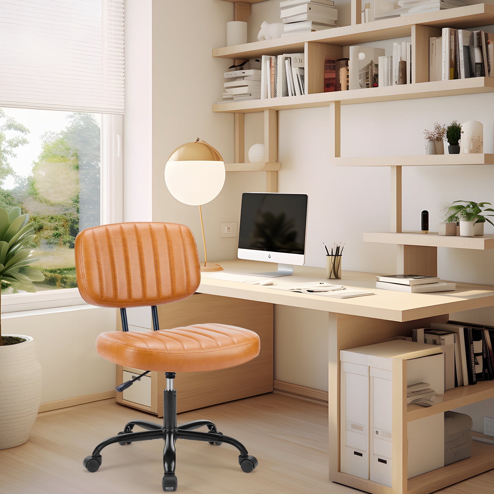Gianna Armless Office Desk Chair with Adjustable Height, 360°Swivel, and Computer Chair with Lumbar Support, Brown