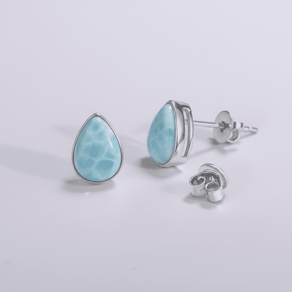 Sechi Genuine Larimar Stud Earrings with Secure Screw Backs, Solid 925 Sterling Silver, Cabochon Pear Shape