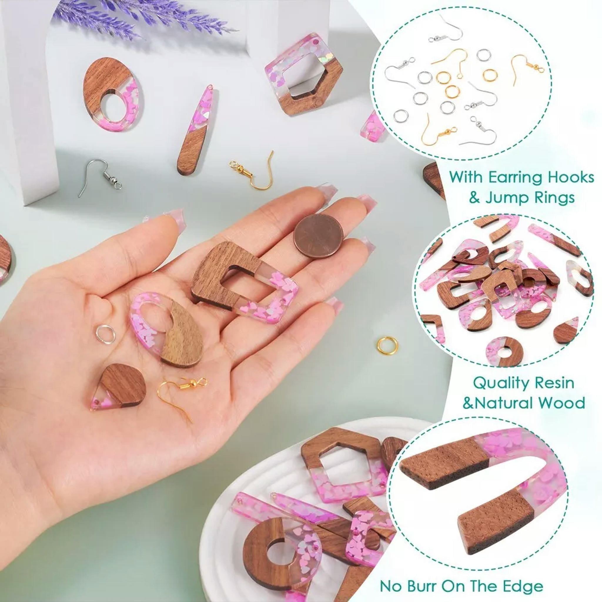 U8MO 20Pc/Box Opaque Resin Walnut Wood Pendants DIY 2 Tone Dangle Earring Making Kit