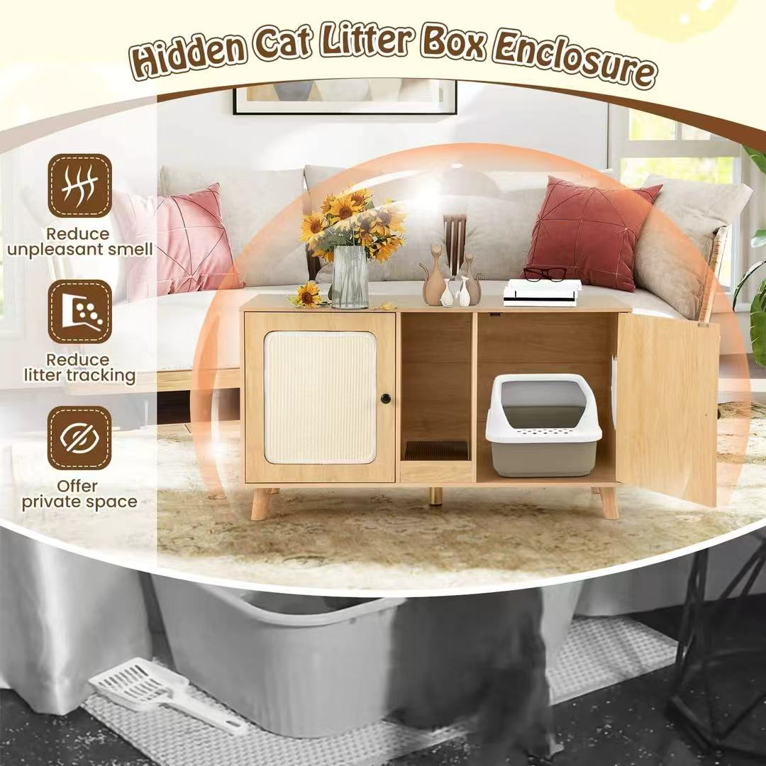 Auranook 43" Cat Litter Box Enclosure for 2 Cats w/ Double Rooms 2 Sisal Scratching Mats