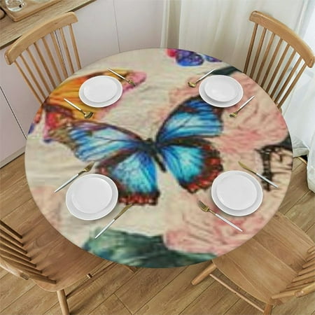 

Patifu Flower Butterflies Round Tablecloth Stain Resistant Washable Indoor Outdoor Restaurant Wedding Party 100% Polyester Waterproof Fabric 46 -50