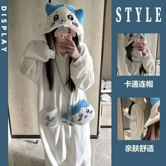 Kawaii Chiikawa Pajamas Coral Velvet Hooded Cartoon Y2K Hachiware Usagi Women's Velvet Home Clothes Autumn Winter Warm Pajamas