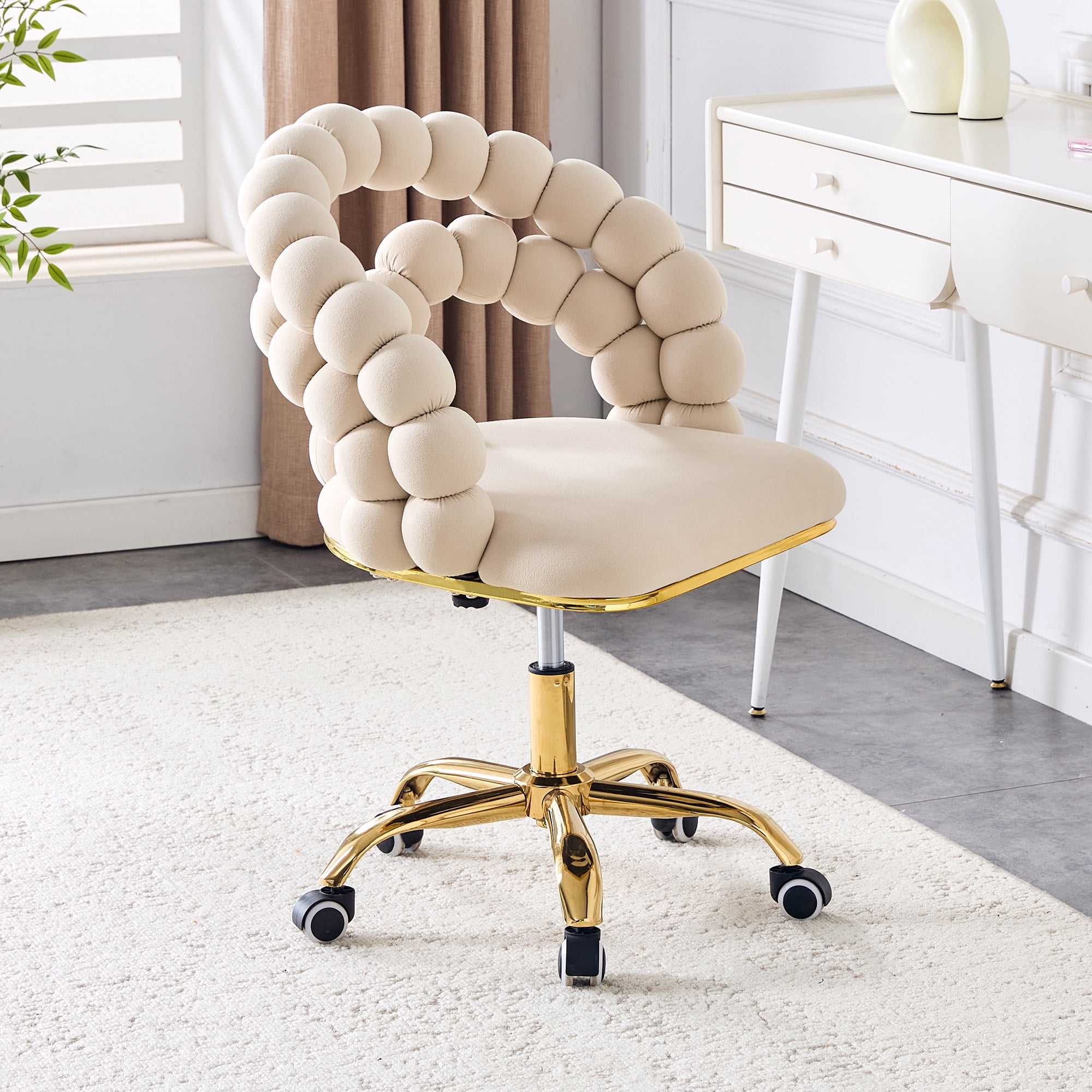 Velvet Swivel Desk Chair with Wheels, Comfortable Adjustable Height Vanity Chair, Bubble Back Computer Task Chair Beige Computer Desk Chair