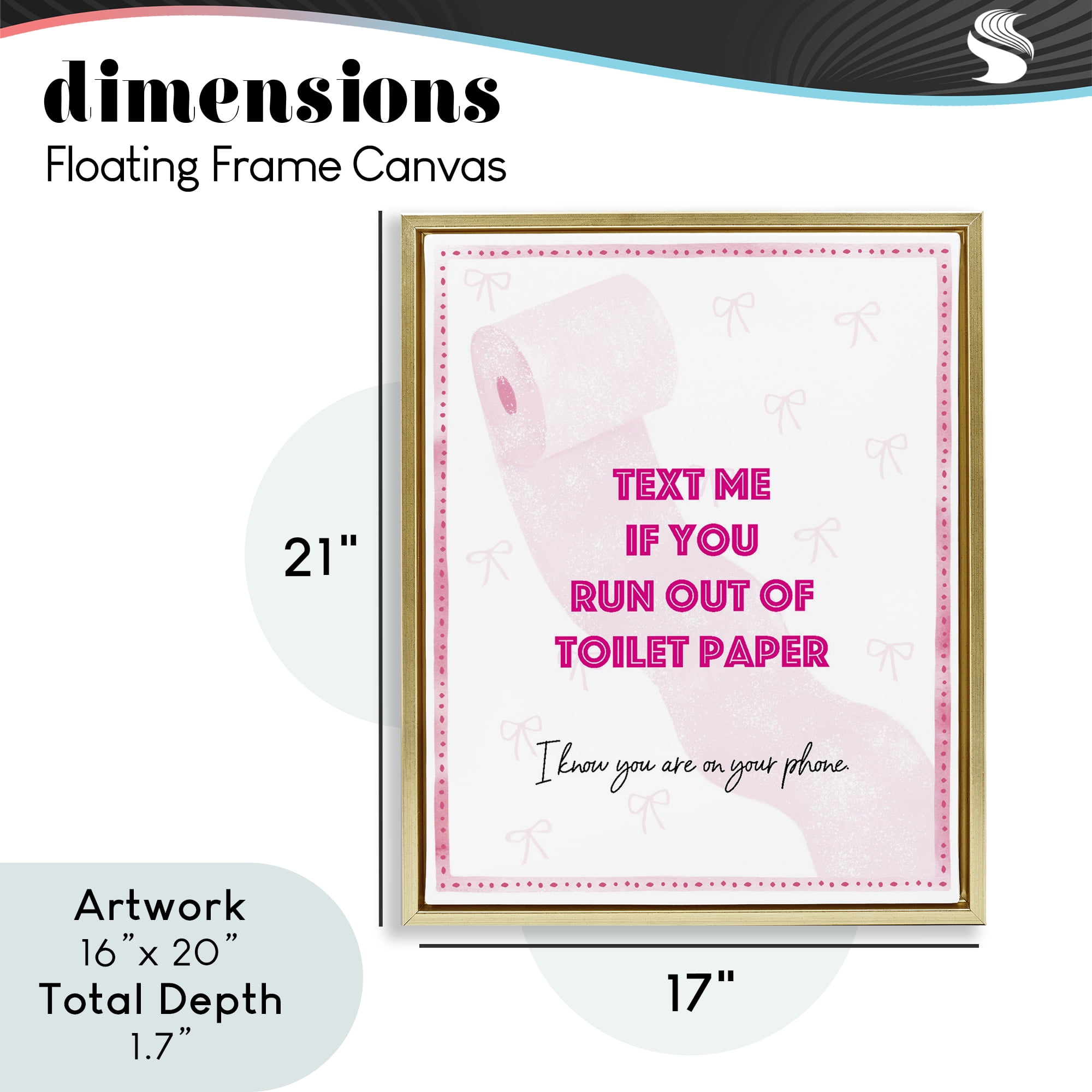 Pink Text for Toilet Paper Gold Framed Floater Canvas Wall Art, design by Ziwei Li