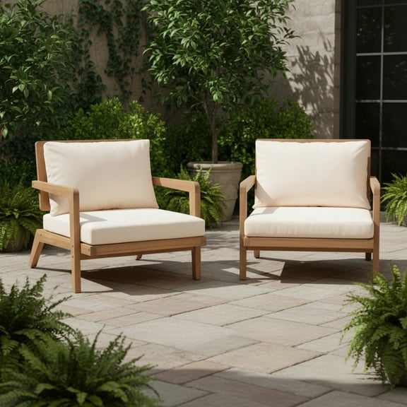 Christopher Knight Home Outdoor Acacia Wood Club Chair Set of 2 with Cushions, Light Teak   Beige