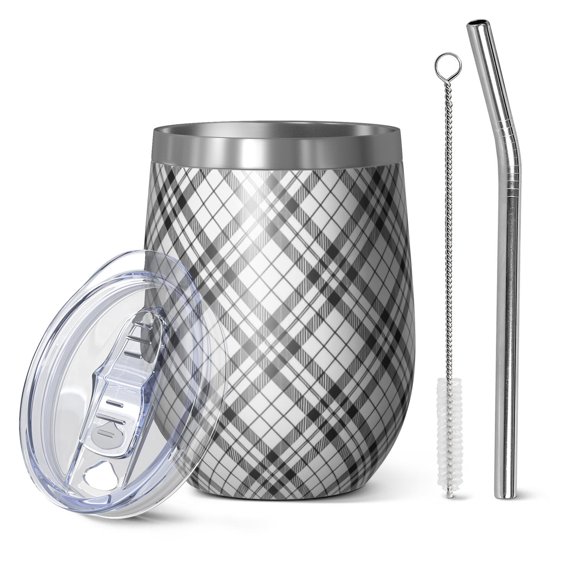 12oz Stemless Wine Tumblers Black White Plaid Checkered Pattern Vacuum Insulated Stainless Steel Travel Tumbler Cups Mug with Lid and Straw for Champaign,Cocktail,Beer with Cleaning Brush