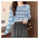 thumbnail image 3 of Lindo suéter de manga larga con cuello redondo dulce color retro raya casual suéter corto, 3 of 8