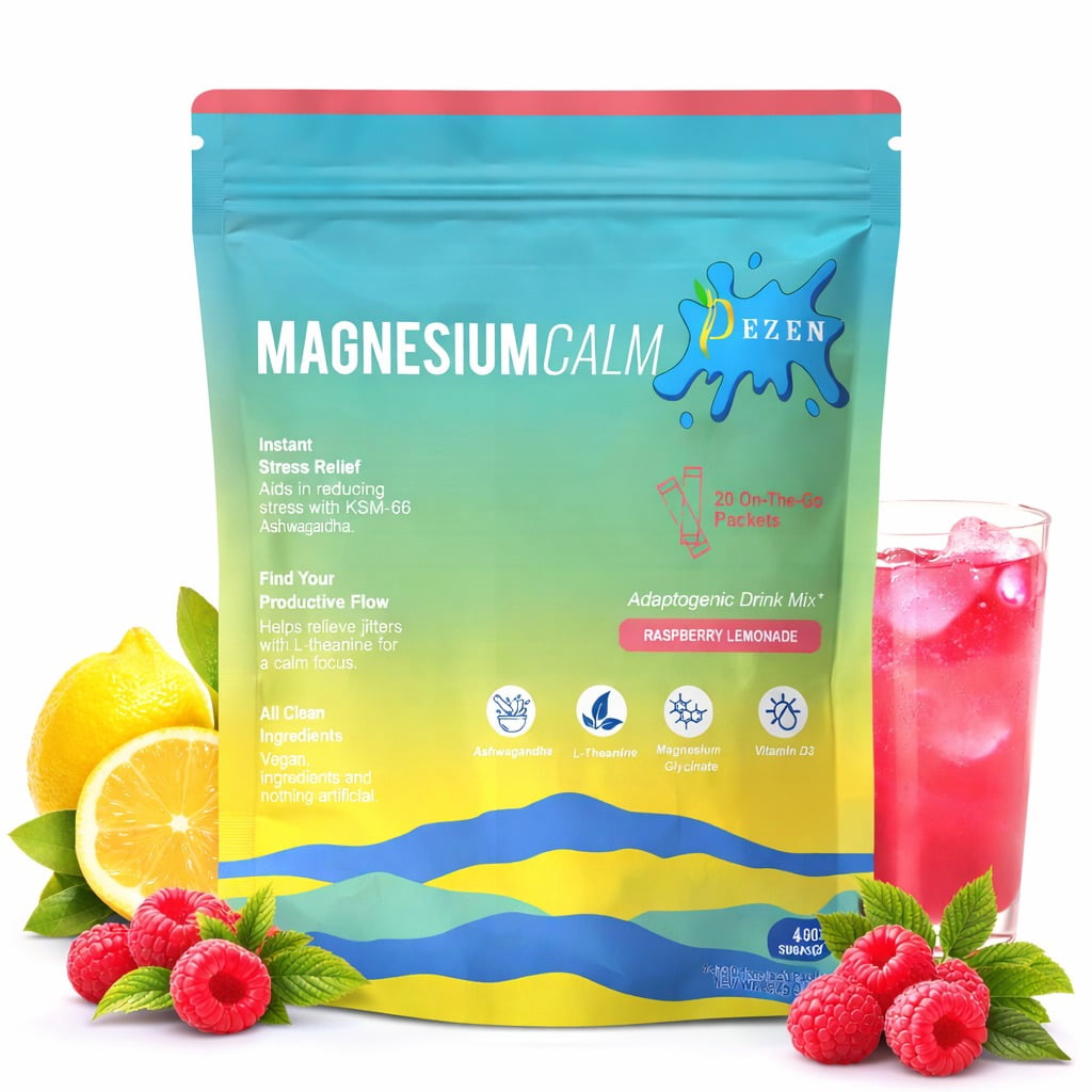 DEZEN Calm Magnesium Powder Drink Mix – Magnesium Glycinate with L-Theanine, Ashwagandha & Vitamin D - Raspberry Lemonade 20 Sachet