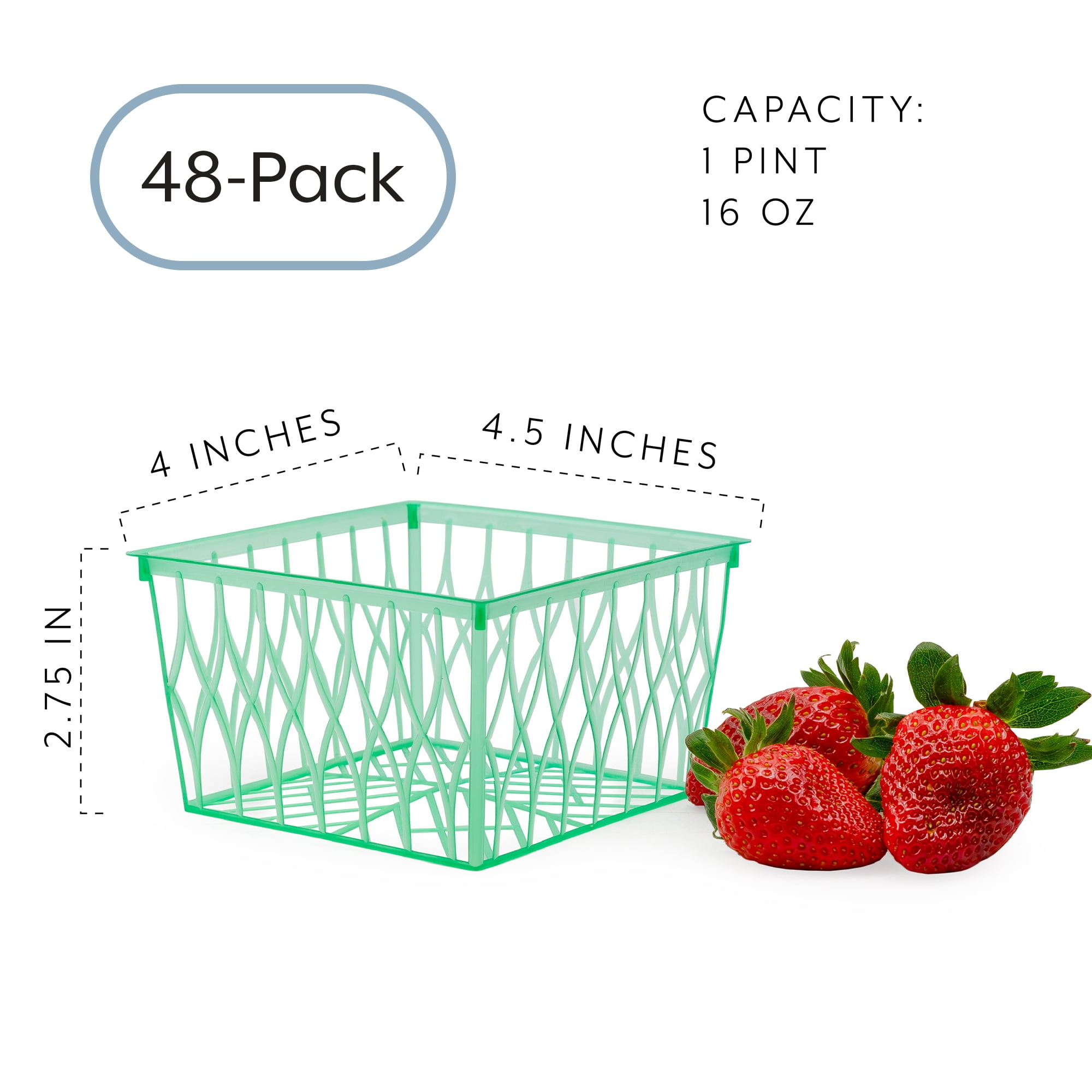 Cornucopia Brands Pint Size Plastic Berry Baskets (48-Pack), 4-Inch Berry Boxes w/ Open-Weave Pattern, Ideal for Summer Picking & Crafts! (48 Boxes)
