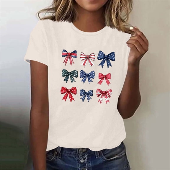 Mifsaly 4Th of July Cotton T-Shirts Women Red White and Blue Bows Graphic Patriotic Tees Crewneck Short Sleeve Independence Day Summer Top S