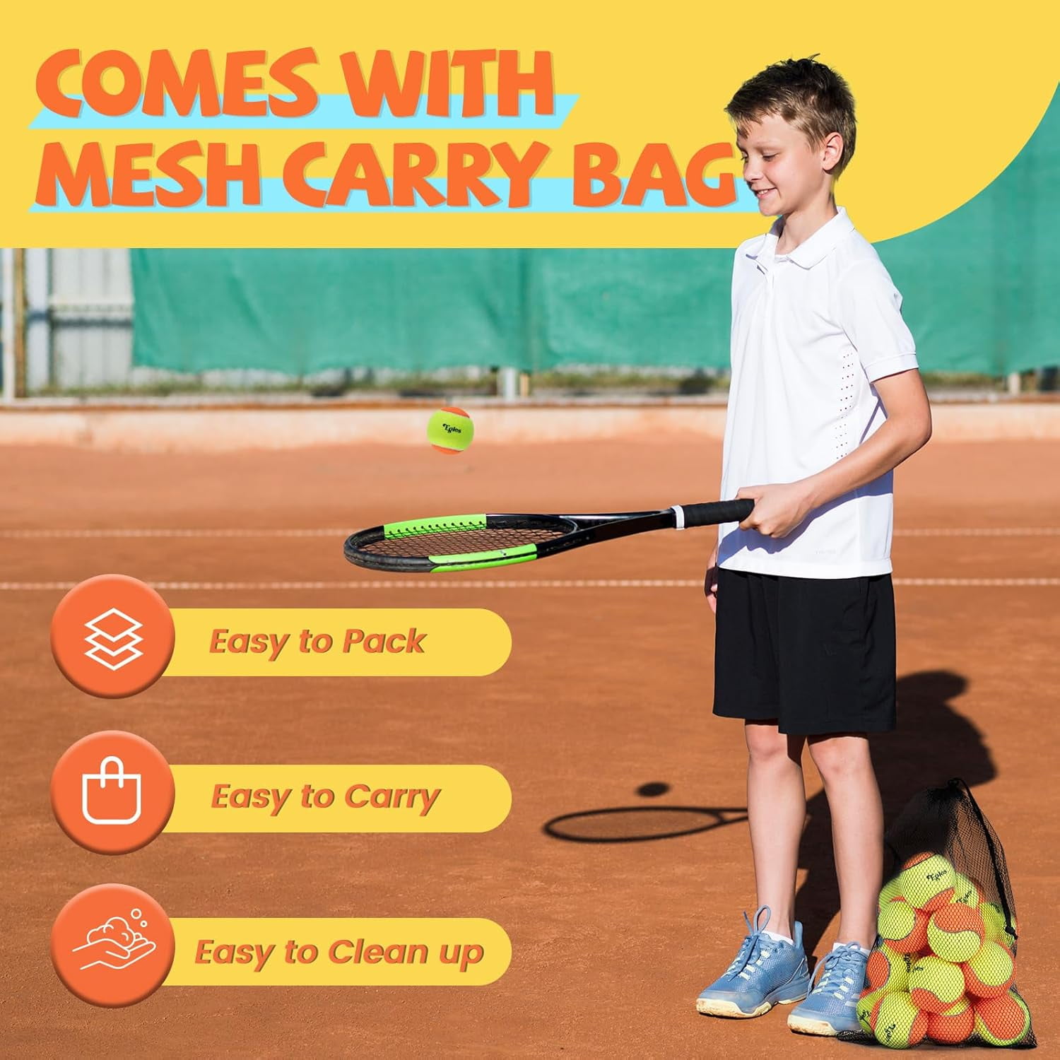 12/20/36/48/60 Pack Kids Tennis Balls 50% Low Compression Stage Tennis Ball, Practice Balls for Beginners, Youth Training & Dog Play,  Two-Tone Colors Tennis Balls with Mesh Bag for All Court