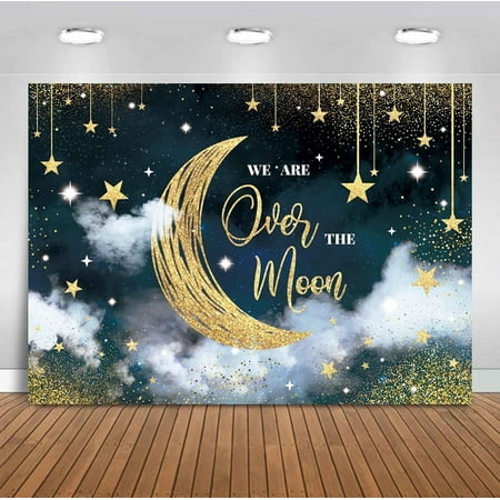 We are Over The Moon Baby Shower Backdrop Moon and Stars Starry Night Celestial Photography Background Twinkle Twinkle Little Star Boy Baby Shower Decorations Party Cake Table Banner 7x5ft
