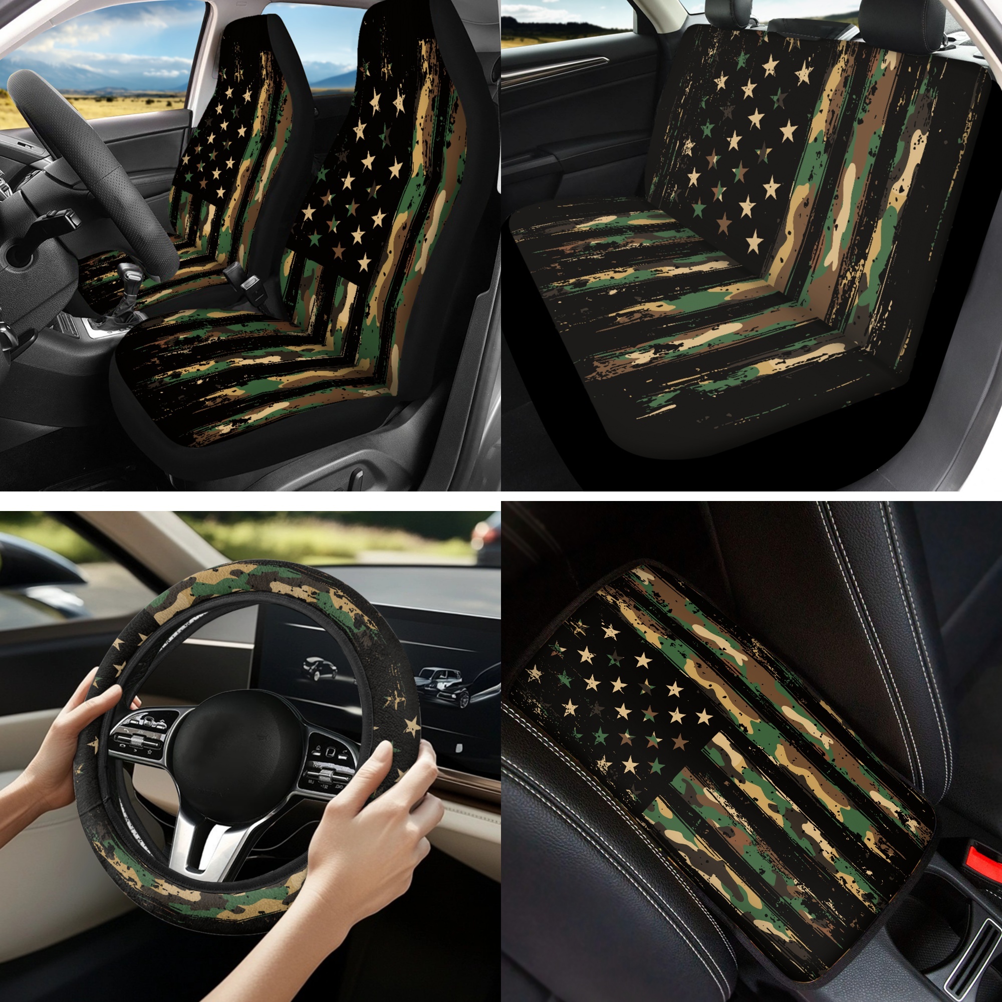 Jeiento American Military Flag Car Seat Covers Front Rear Split Bench Full Set Steering Wheel Seat Belt Pads Armrest Pad Coasters Keychain, 13 PCS Auto Interior Accessory for Most Cars SUV Sedan