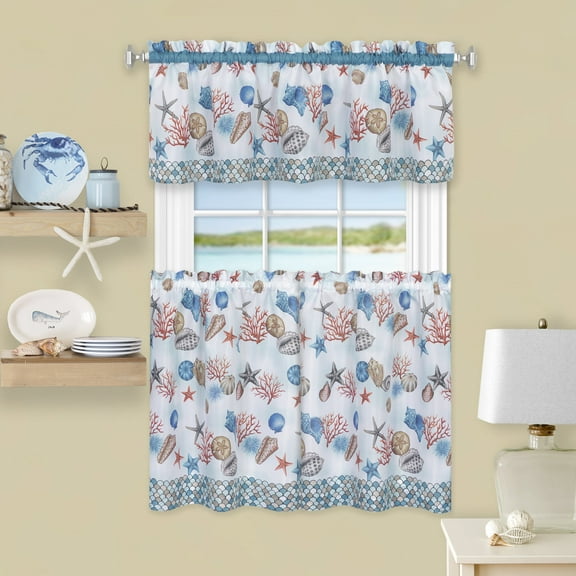 Kitchen Comfort Coastal Tier and Valance Window Curtain Set - 58x36 - Blue