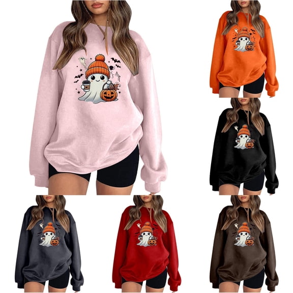 Halloween Sweatshirt for Women Hoodless Sweatshirt Casual Crewneck Long Sleeve Pullover for Fall Winter Wear Pink S