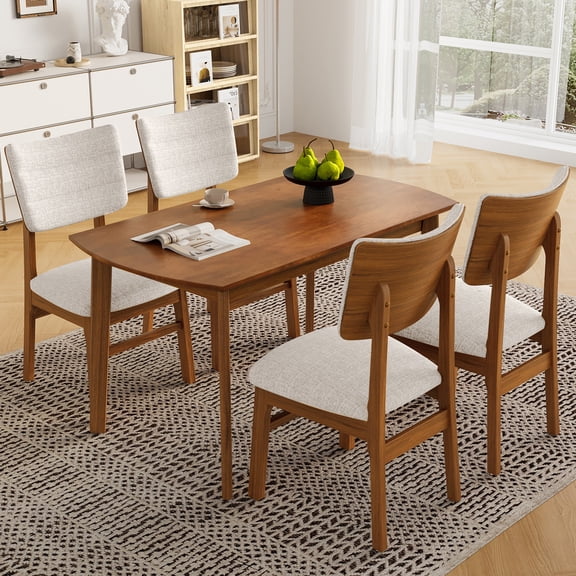 UHOMEPRO 5 Piece Dining Table Set, Farmhouse Wood Dining Room Set for 4, Kitchen Table Set with 4 Upholstered Chairs, Curved Backrest Design, Dining Room Dinette Sets for Bar Dining Room, Brown Beige