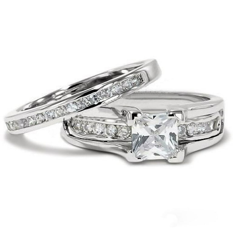 Hers and his stainless steel princess wedding ring set shop and titanium wedding band women's size 10 men's size