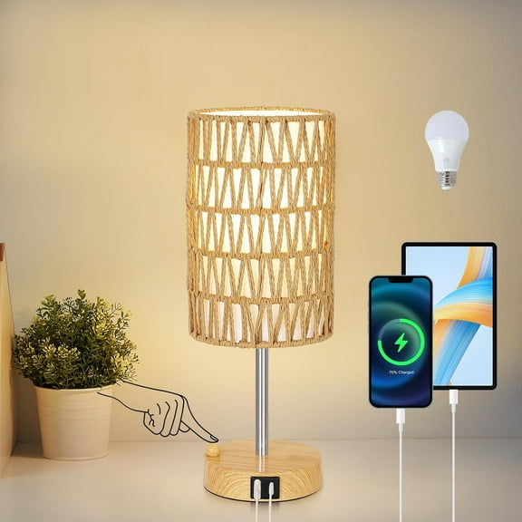 Boho Table Lamp - Small Touch Control, Rattan & Linen Shade, 3-Way Dimmable, USB Charging Port & Phone Stand for Bedroom & Living Room