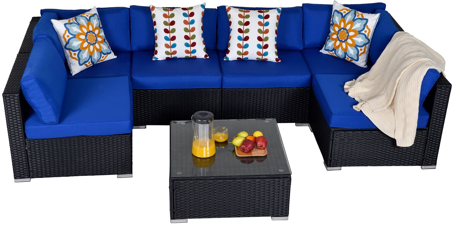 7 Pieces Patio Furniture Set Outdoor Rattan All Weather Sectional Wicker Sofa Sets with Royal Blue Cushions