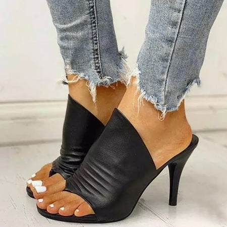 

Women Shoes Fashion Women Comfortable Casual Solid Color Slip On High Heels Peep Toe Sandals Single Shoes Black 7