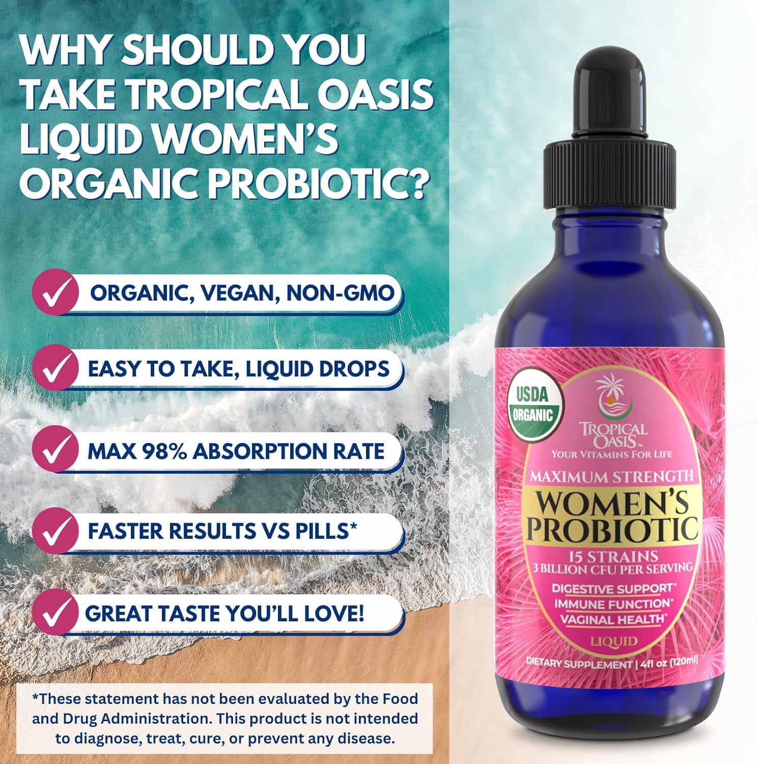 Tropical Oasis Women's Probiotic Drops, 15 Strains 3 Billion CFU Digestive Immune Support, Strawberry, 4 fl oz, 40 Servings