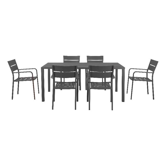 Benjara Meta 7 Piece Outdoor Dining Table- Chairs Set- Gray- Plank Seats & Backs