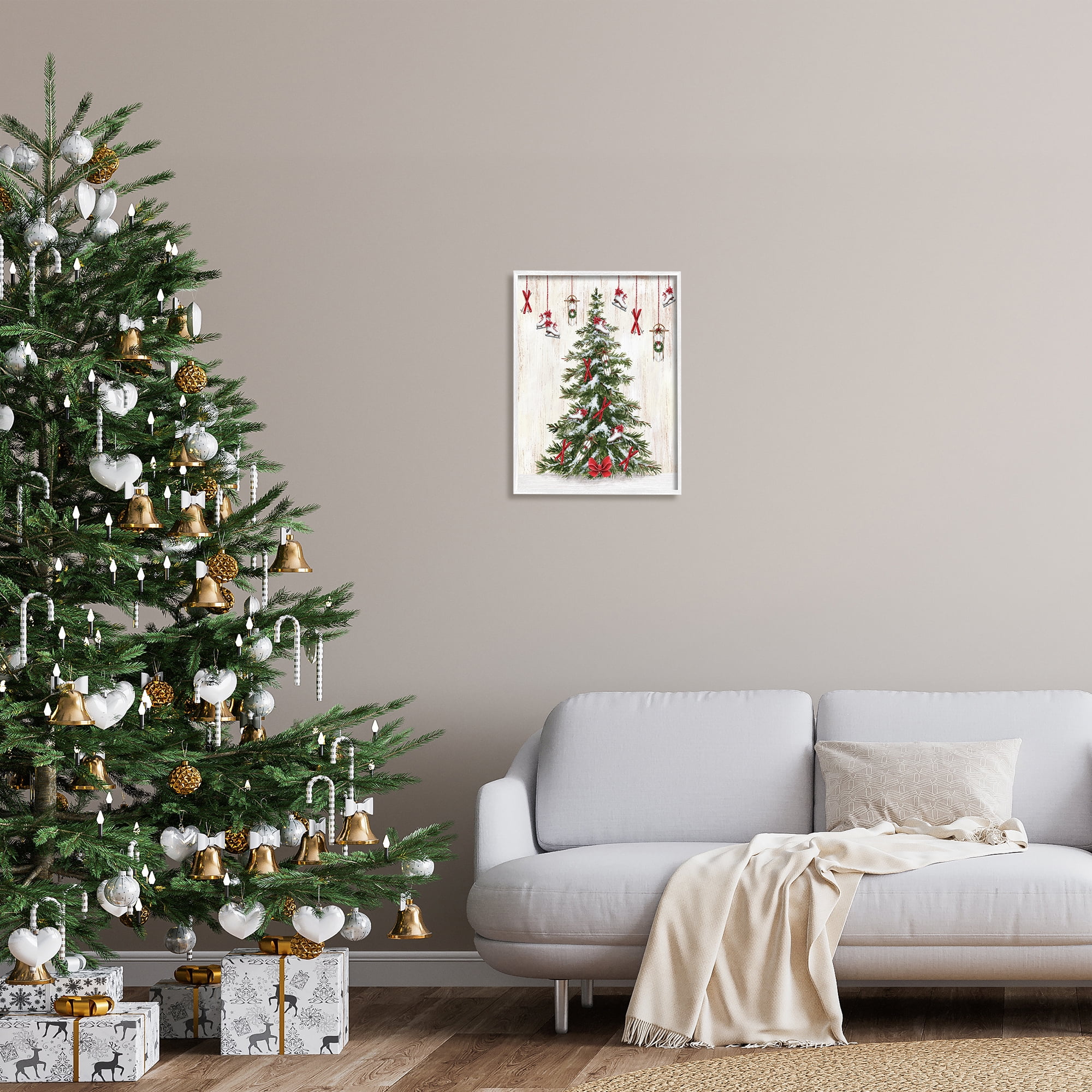 Stupell Industries Ice Skates & Sleds on Tree Holiday Painting White Framed Art Print Wall Art, 16 x 20