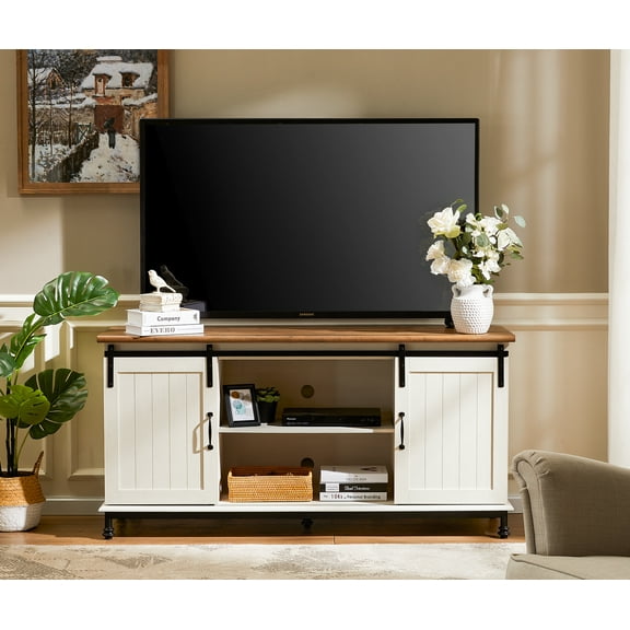 Farmhouse TV Stand with Sliding Barn Door for TVs up to 65", White