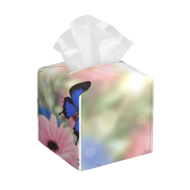 Balery Butterfly And Flowers Porta Pañuelos de Cuero con Estampado – Funda Moderna Cuadrada para Caja de Pañuelos, Dispensador 5x5x5''