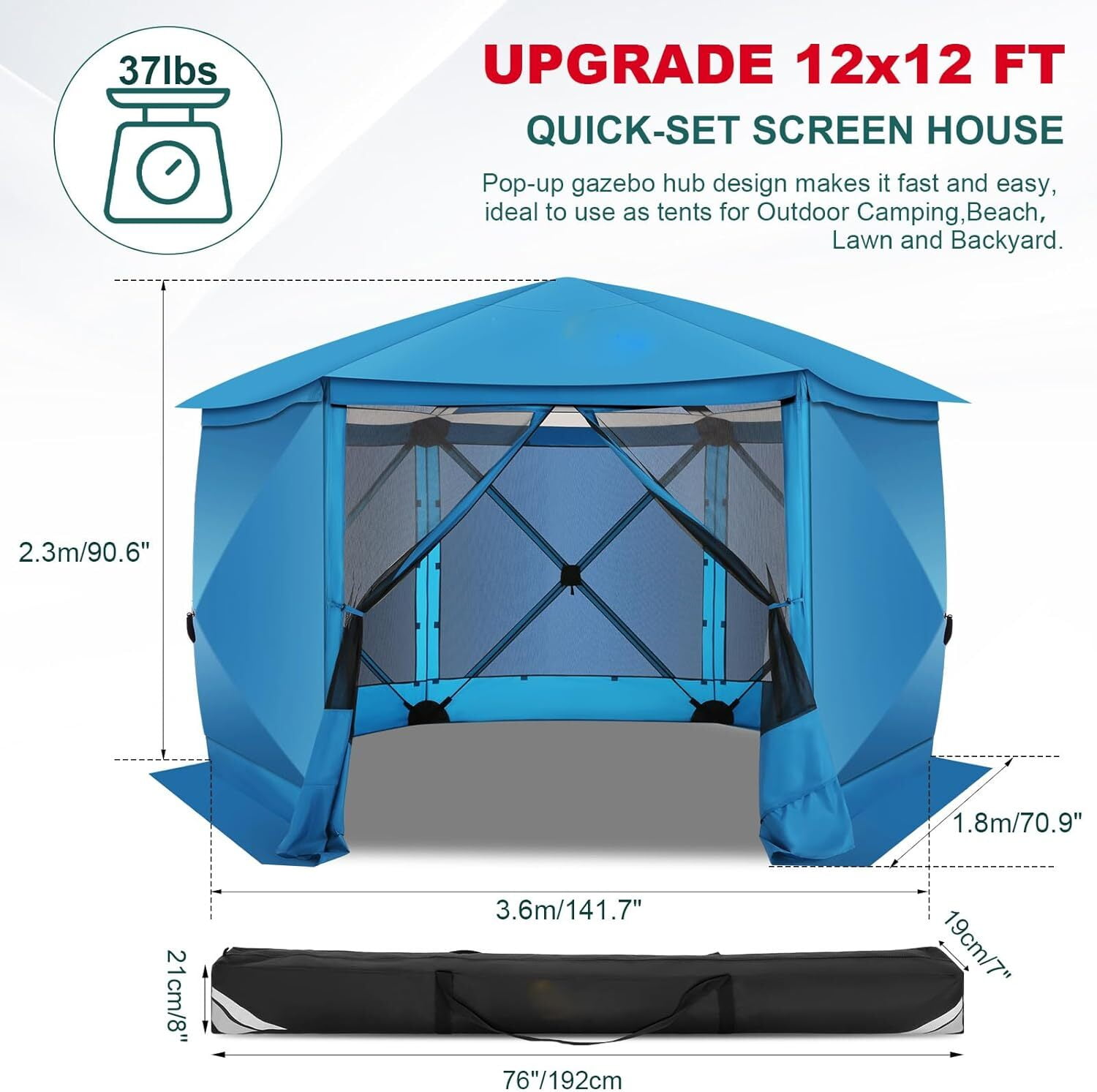 COBIZI Pop up Gazebo Screen Tent Screen House for Camping,12x12 Gazebo with Removable Roof, Outdoor Screened Gazebo with Sidewalls, Tent with Carry Bag and Ground Stakes,Blue(Upgraded)