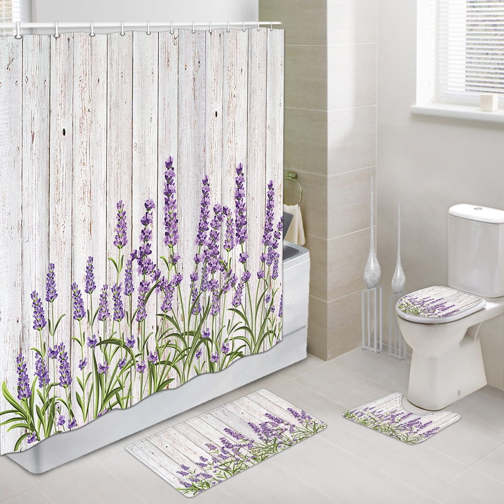 Lavender Shower Curtain and Bath Mat Set 69x70 Inch, Purple Flowers ...