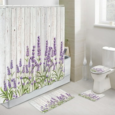 Lavender Shower Curtain and Bath Mat Set 69x70 Inch, Purple Flowers Floral Rustic Wood Plank, Bathroom Mat Set with Contour Toilet Mat, Mat and Toilet Lid Cover