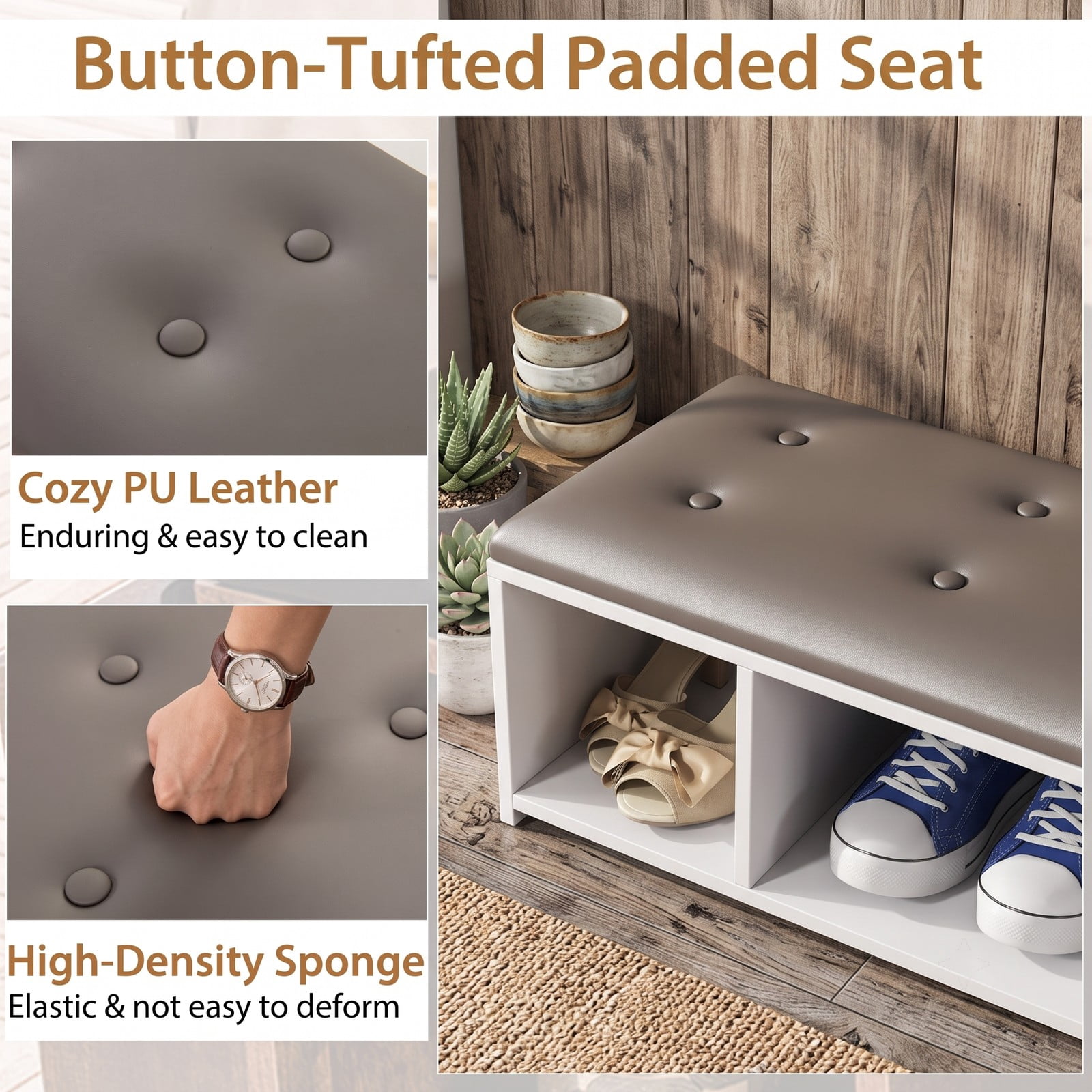 Furnibear Shoe Storage Bench with Umbrella Stand and 10 Adjustable Cube Shelves and Tufted Padded Seat for Entryway and Hallway, White