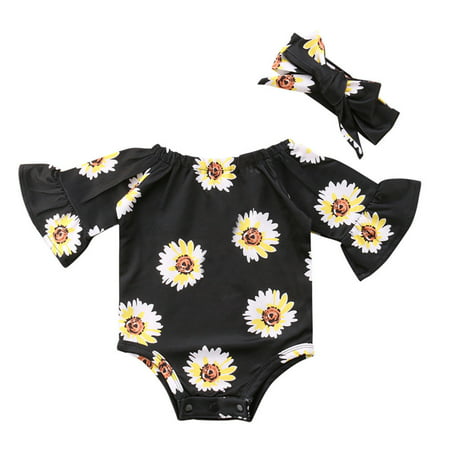 Newborn Infant Baby Girls Clothes Sunflower Half Sleeve Bodysuit Jumpsuit Headband 2Pcs Fashion Casual Outfits Set
