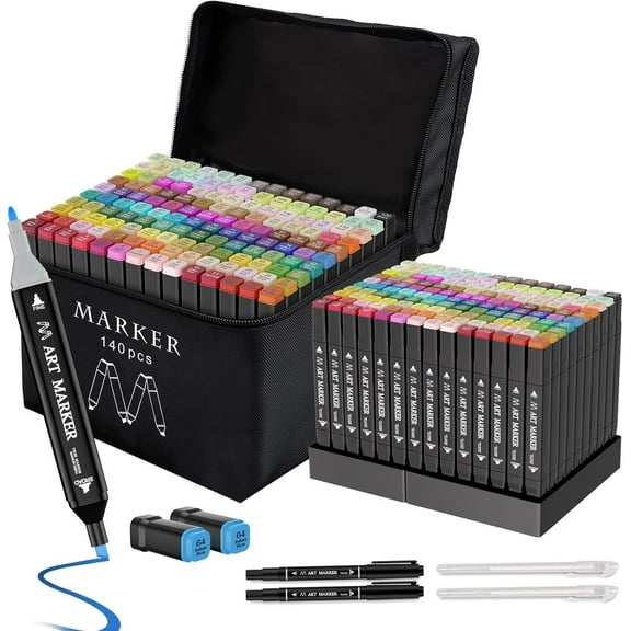 Banral 140 PCS  Dual Tip Alcohol Markers for Sketching,Alcohol Based Art Marker with Case and Holders for Drawing