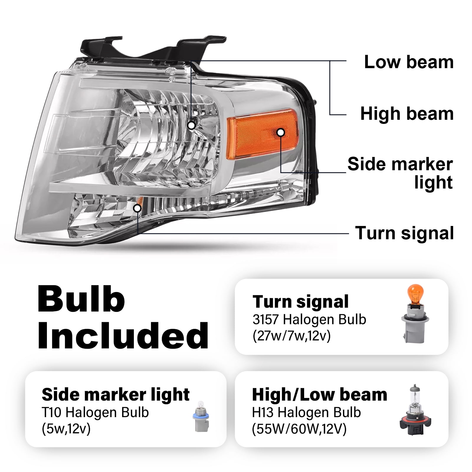 Kojem Left Headlight Assembly for 2007-2014 Ford Expedition Replaces 7L1Z13008BB FO2502226 Halogen Headlamp Front Light Lamp w/Bulb Clear Lens Chrome Housing Driver Side