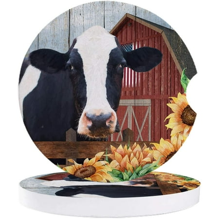 

ZHANZZK Yellow Sunflower Farm Cow and Barn on Wood Plank Set of 6 Car Coaster for Drinks Absorbent Ceramic Stone Coasters Cup Mat with Cork Base for Home Kitchen Room Coffee Table Bar Decor