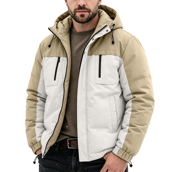 WRKEKC Winter Coats for Men Color Block Hooded Puffer Jacket Zip-Up Windproof Thick Warm Outerwear for Mountain Outdoor Activities