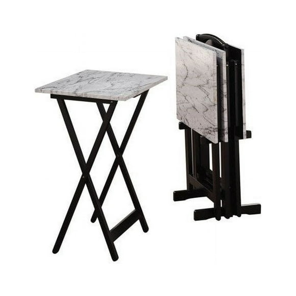 Riverbay Furniture 5-Piece Marble Folding Tray Table Set w/ Stand in White/Black