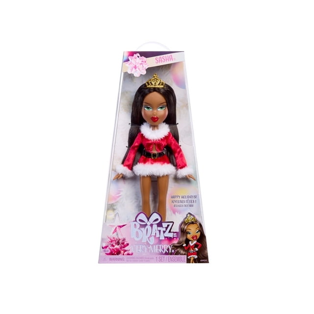Muñeca Bratz Santa Sasha en caja triangular, con vestido rojo festivo estilo Santa con detalles en peluche blanco, cinturón negro y corona dorada, edición especial temática navideña ideal para coleccionistas y decoración de temporada.