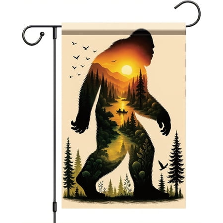 Garden Flag Sasquatch Forest Landscape 12x18 Inch Double Sided Bigfoot Silhouette Mountain River Sunset Outdoor Yard Flag for Cabin Camping Porch Lawn Decor