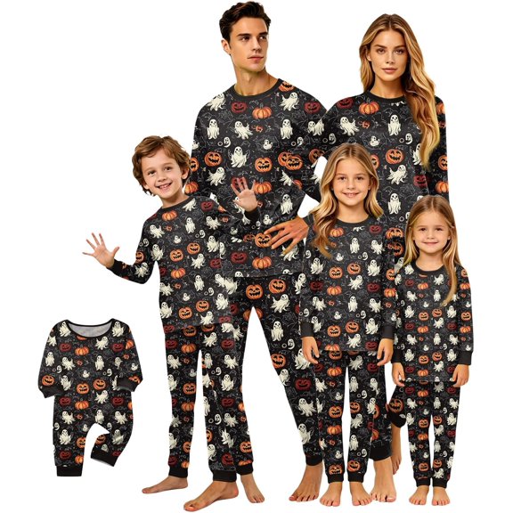2026 Halloween Family Matching Pajamas Sets Ghost Pumpkin Print Long Sleeve Top & Pants Two Piece Set Sleepwear Pjs