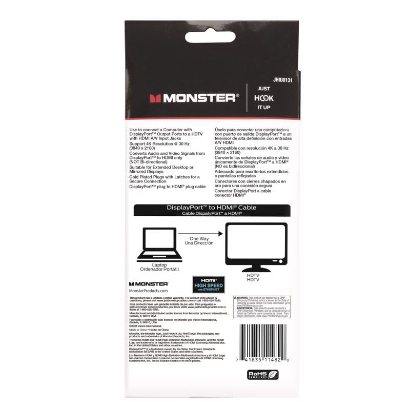 Monster Cable 3005916 Just Hook It Up Audio & Visual Cable HDMI to Display Port, Black