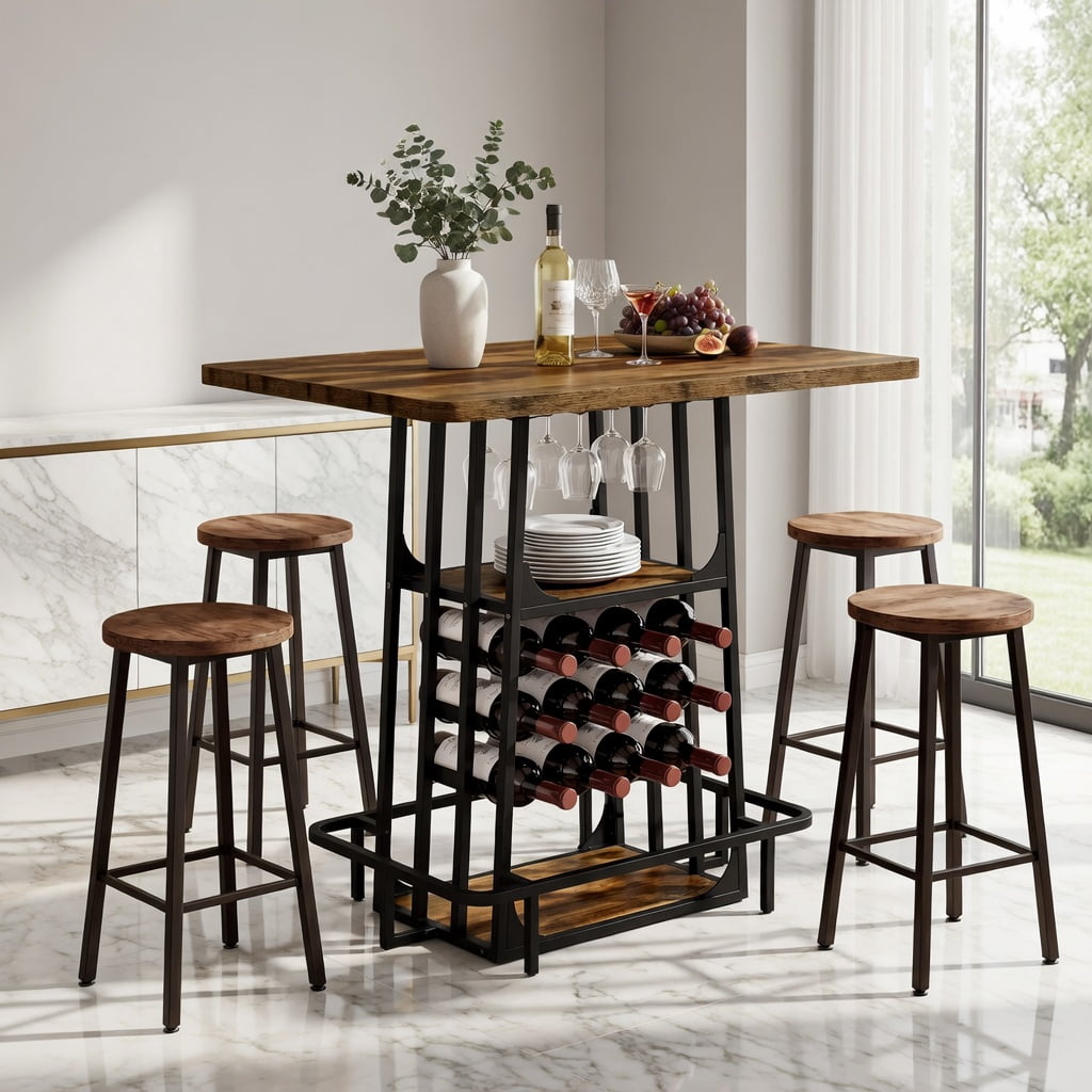 Hommoo 39.4 Inch Industrial Bar Table with 3-Tier Storage, Wine Rack, Glass Holder, Built-in Footrest, Counter Height Pub Table for Home Bar, Coffee Station or Standing Desk, Rustic Brown