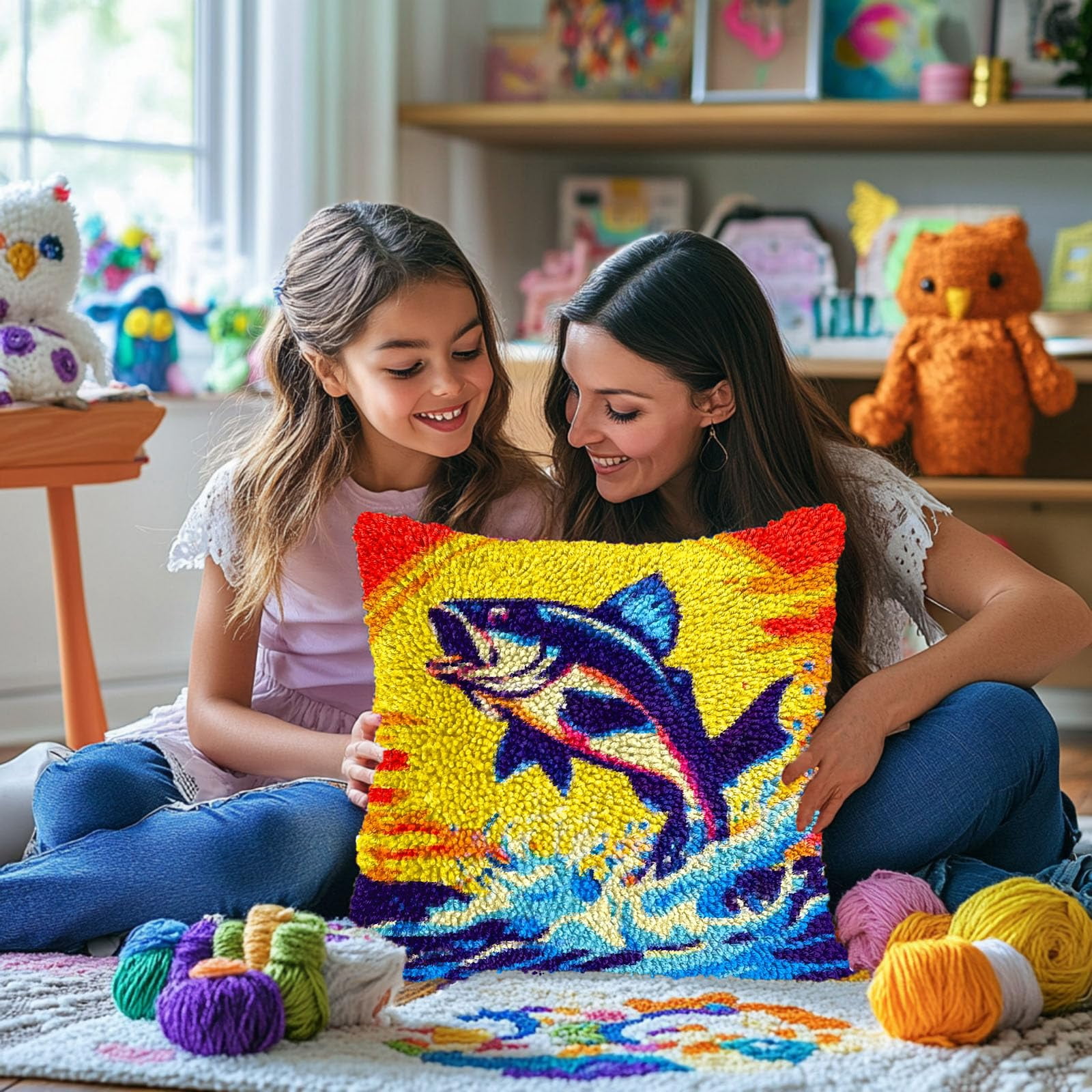 Fish Bass Out from Water DIY Latch Hook Pillow Kits for Adults Printed Pillowcase Crochet Yarns Hooking Handmade Pillow Cover Cushion for Home Sofa Decoration 17x17inch(2)