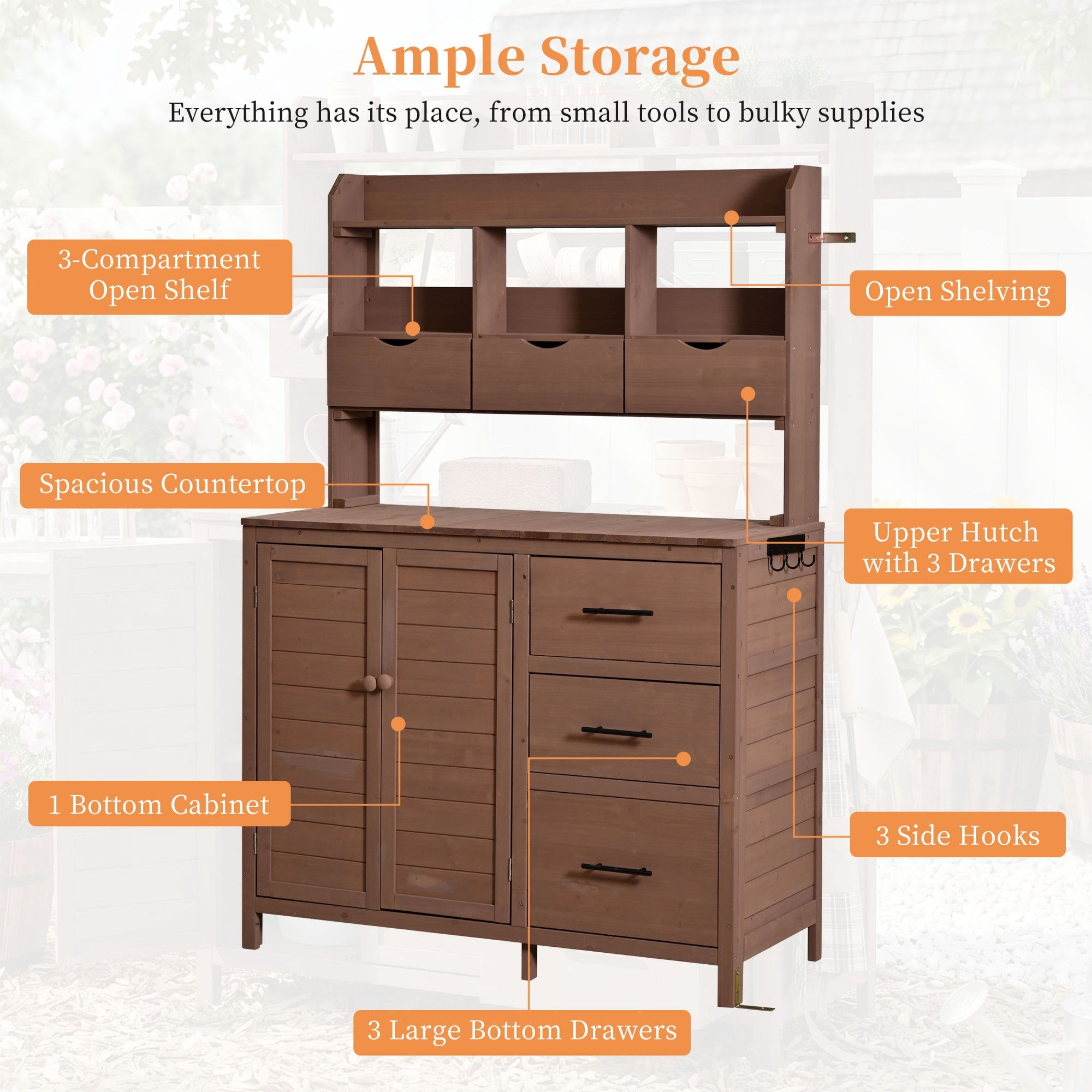 Sailvan 65" Solid Wood Patio Kitchen Island & Garden Potting Bench,Outdoor Grill Prep Station with 6 Drawers,Storage Cabinet and Hutch Brown