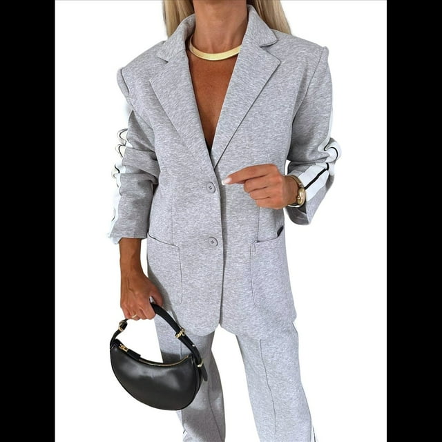 Conjunto de Dos Piezas para Mujer 2025: Blusa A Rayas con Botones Laterales y Pantalones con Bolsillos, Conjunto Informal Gris XXXL